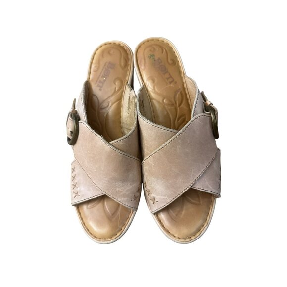 Born Womens Curstyn Wedge Sandals Sz 7 Platform Tan Leather Slides Shoes D89602 - Picture 4 of 8